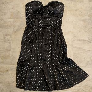 Bebe Black/Gold Polka Dot Strapless Silk Dress